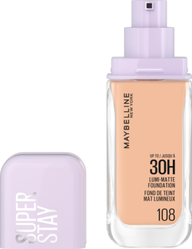 Podkład Maybelline Super Stay Lumi-Matte 108 w szklanej butelce z fioletową pompką i oddzielną nakrętką.