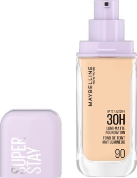 Lekki matujący podkład Maybelline Super Stay Lumi-Matte w szklanej butelce z fioletową pompką, nakrętka obok.