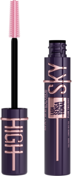 Wydłużający tusz Maybelline Lash Sensational Sky High Plum Twilight. Fioletowa tubka z wyjętą różową szczoteczką.