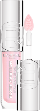 L'Oreal Plump Ambition Hyaluron Lip Oil w przezroczystej butelce z różową cieczą i wyjętym aplikatorem.