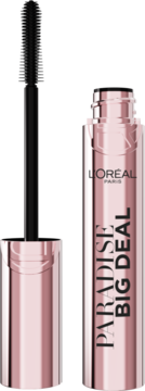 L'Oréal Paradise Big Deal, pogrubiająca maskara w rose gold tubie z wyciągniętą szczoteczką, widok z przodu.