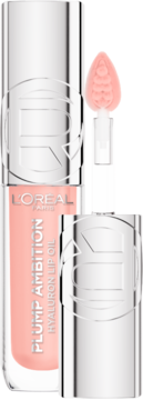 L'Oréal Plump Ambition Hyaluron Lip Oil Milky Nu, otwarta butelka z różowym olejkiem i masującym aplikatorem.