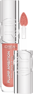 L'Oreal Plump Ambition Hyaluron Lip Oil w transparentnej butelce z koralowym płynem, obok aplikator.