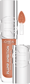 Olejek L'Oreal Plump Ambition Hyaluron w koralowym odcieniu Latte Glace. Otwarta butelka z wyjętym aplikatorem.