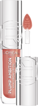 L'Oreal Plump Ambition Hyaluron Lip Oil Nude Macaron otwarty, z widocznym aplikatorem w kształcie łezki na białym tle.