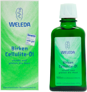 Antycellulitowy olejek brzozowy Weleda: zielone opakowanie i butelka 100ml z białymi etykietami, widok z przodu.