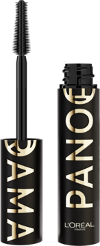 Pionowe ujęcie otwartej czarnej maskary L'Oréal Paris Panorama z silikonową szczoteczką, złote napisy.