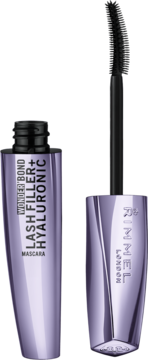 Otwarta mascara Rimmel Wonder’Bond Lash Filler + Hyaluronic w fioletowej tubce z wyjętą czarną szczoteczką.