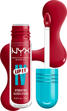 NYX Lip I.V. Hydrating Gloss Stain Red-y.Set.Wet!, otwarta butelka z aplikatorem na tle rozlanego produktu.