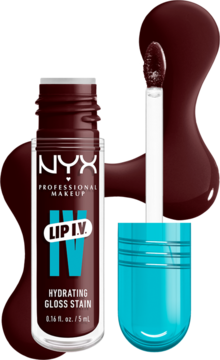 Błyszczyk NYX Lip I.V. Hydrating Gloss Stain "Water 'bout Wine?" z aplikatorem i otwartą turkusową nakrętką.