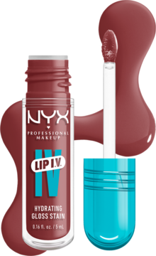 NYX Lip I.V. Hydrating Gloss Stain w odcieniu Hydra-Honey, otwarta butelka z aplikatorem i lśniącą smugą produktu.