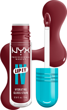 NYX Lip I.V. Hydrating Gloss Stain w odcieniu Drippin' In Rose. Ciemnobordowa butelka i aplikator z błyszczącym płynem, widok z przodu.