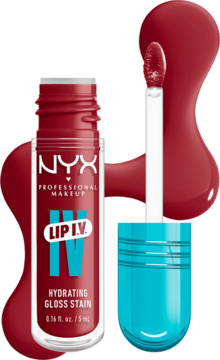 Nawilżający błyszczyk NYX Lip I.V. Hydrating Gloss Stain Berry Thirsty: Otwarta butelka, aplikator i rozlana kropla.