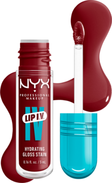 Otwarty błyszczyk NYX Lip I.V. Hydrating Gloss Stain w kolorze Cranberry z aplikatorem i wylanym produktem.
