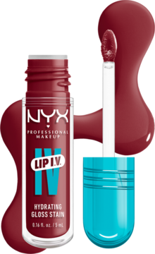 NYX Lip I.V. Hydrating Gloss Stain, głęboki czerwony błyszczyk, otwarta butelka z kapiącym aplikatorem.