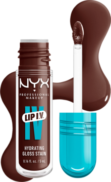 NYX Lip I.V. Hydrating Gloss Stain Mocha Me Wet, ciemnobrązowy błyszczyk z aplikatorem na tle plamy produktu.