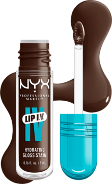 NYX Professional Makeup Lip I.V. Hydrating Gloss Stain Espresso Soak, butelka i aplikator na tle smugi.