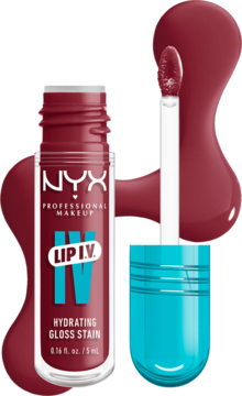 NYX Lip I.V. Hydrating Gloss Stain w intensywnym bordowym kolorze. Otwarta butelka, aplikator, turkusowa nakrętka i plama błyszczyka.