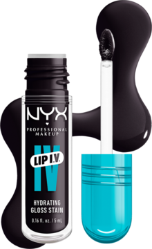 NYX Lip I.V. Hydrating Gloss Stain Grape Gushin' w czarnej butelce, z aplikatorem i ciemnym płynem.