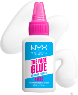 NYX The Face Glue Gripping Primer, biała butelka z różowym aplikatorem, na białym tle z białymi, gęstymi smugami.