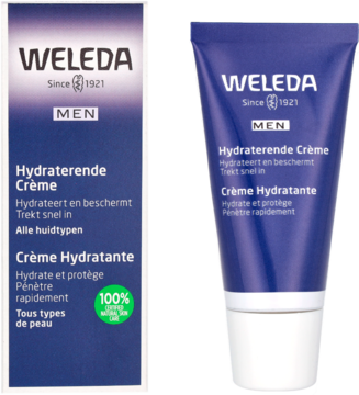 Weleda Men Hydraterende Crème: ciemnoniebieskie pudełko i tubka nawilżającego kremu męskiego, stojące obok siebie.