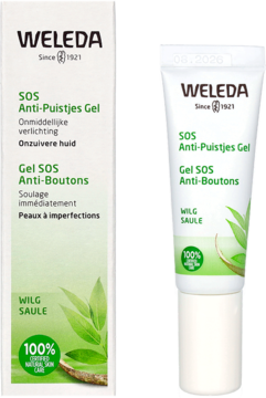 Weleda SOS Anti-Puistjes Gel z korą wierzby, biała tubka i kartonik. Antybakteryjny żel na wypryski.