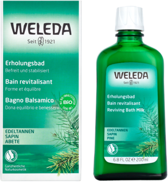 Weleda Erholungsbad Reviving Bath Milk: Zielona butelka i pudełko z grafiką jodły, widok z przodu.