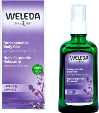 Weleda Relaxing Body Oil lawendowy, ciemnozielona butelka ze sprayem i pasujące fioletowe pudełko, przód.