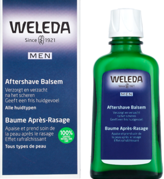 Weleda Men Aftershave Balsem: zielona butelka z białym korkiem i opakowanie, łagodzący i odświeżający, obok siebie.
