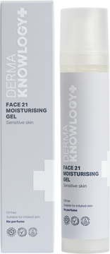 Szare opakowanie i przezroczysta butelka Derma Knowlogy Face 21 Moisturising Gel dla skóry wrażliwej, oil-free.