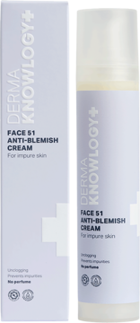 DermaKnowlogy Face 51 Anti-Blemish Cream for impure skin, light lavender box and bottle side-by-side.