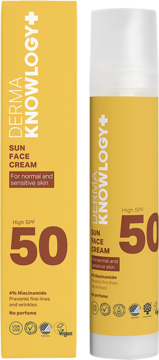 Krem DermaKnowlogy Sun Face Cream SPF 50 w żółtym opakowaniu, z niacynamidem, do skóry wrażliwej.