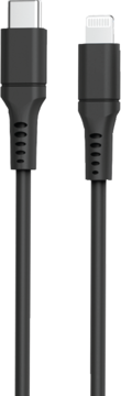 Czarny kabel USB-C do 8-pin (Lightning) z srebrnymi złączami, widok z przodu, pionowo na czarnym tle.