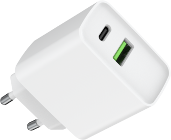 Biała 20W ładowarka USB-A + USB-C z dwoma portami i wtyczką EU, widok z przodu pod kątem.