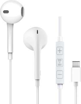 Białe przewodowe słuchawki douszne Utility Project z pilotem i złączem USB-C, widok z przodu.