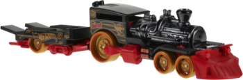 Czarny pojazd Hot Wheels Track Fleet typu lokomotywa z naczepą, złote i czerwone detale, widok z boku.