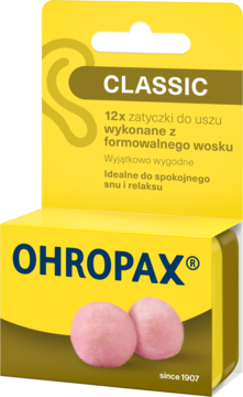 Żółte opakowanie Ohropax Classic z 12 woskowymi zatyczkami, dwie różowe widoczne, widok z przodu.