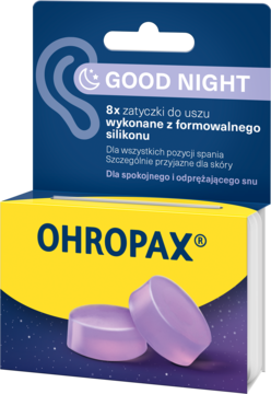 Niebiesko-żółte pudełko OHROPAX Good Night z 8 miękkimi, fioletowymi zatyczkami silikonowymi do spania.