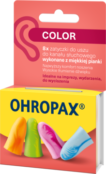 Pudełko Ohropax Color, 8 miękkich piankowych zatyczek do uszu. Żywe kolory: pomarańczowy, zielony, różowy, niebieski.