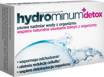 Hydrominum detox, białe pudełko suplementu usuwającego wodę, toksyny, wspierającego odchudzanie, widok z przodu.