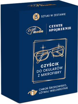 Ciemnoniebieskie pudełko z 3 czyścikami Eye Media z mikrofibry do okularów i ekranów, widok pod kątem.