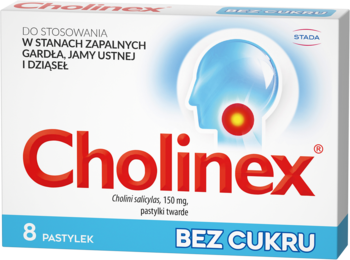 Cholinex pastylki bez cukru na gardło i jamę ustną, biało-niebieskie pudełko z grafiką głowy, widok z przodu.