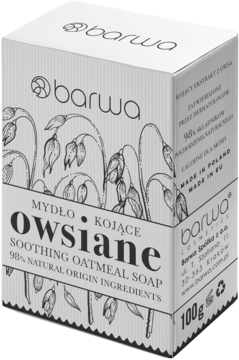 Mydło Barwa Owsiane w kartonowym pudełku, widoczne napisy SOOTHING OATMEAL SOAP i 98% składników naturalnych.