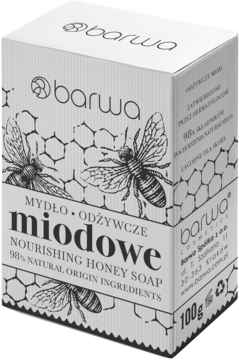 Barwa Miodowe Mydło Odżywcze, 98% naturalne, w szaro-białym pudełku z grafiką pszczół i plastra miodu, z przodu.