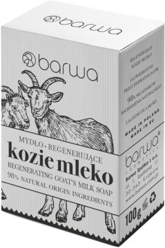 Białe opakowanie regenerującego mydła w kostce Barwa Kozie Mleko, z grafiką kóz i napisem 100g, widok pod kątem.