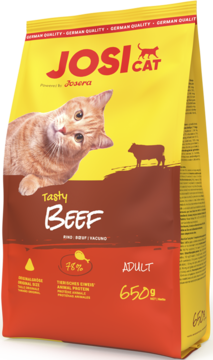 Żółto-brązowa karma JosiCat Tasty Beef 650g dla dorosłych kotów, z wizerunkiem kota i krowy.