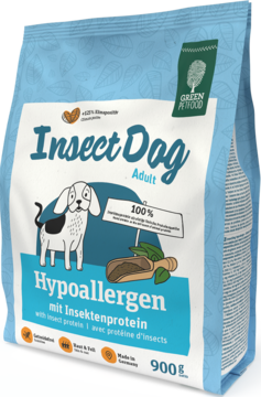 Niebieska torba suchej karmy InsectDog Adult Hypoallergen Green Petfood z białkiem owadów, widok z przodu.