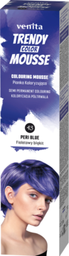 Venita Trendy Color Mousse Peri Blue 43: pudełko półtrwałej pianki do koloryzacji włosów, modelka z fioletowymi.