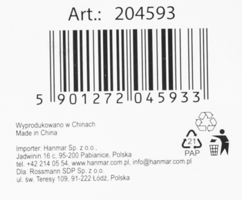 Biała etykieta z kodem kreskowym EAN 5901272045933, numerem artykułu 204593, importer Hanmar/Rossmann, Made in China.