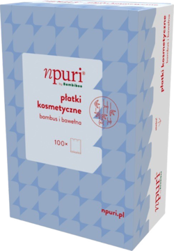 Płatki kosmetyczne npuri Bambiboo z bambusa i bawełny w niebieskim pudełku z rombami, widok z przodu.